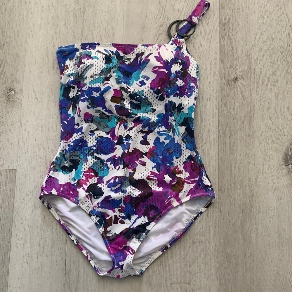 Gideon Oberson Purple Florals Striped One Shoulder Swimwear summer size‎ 6